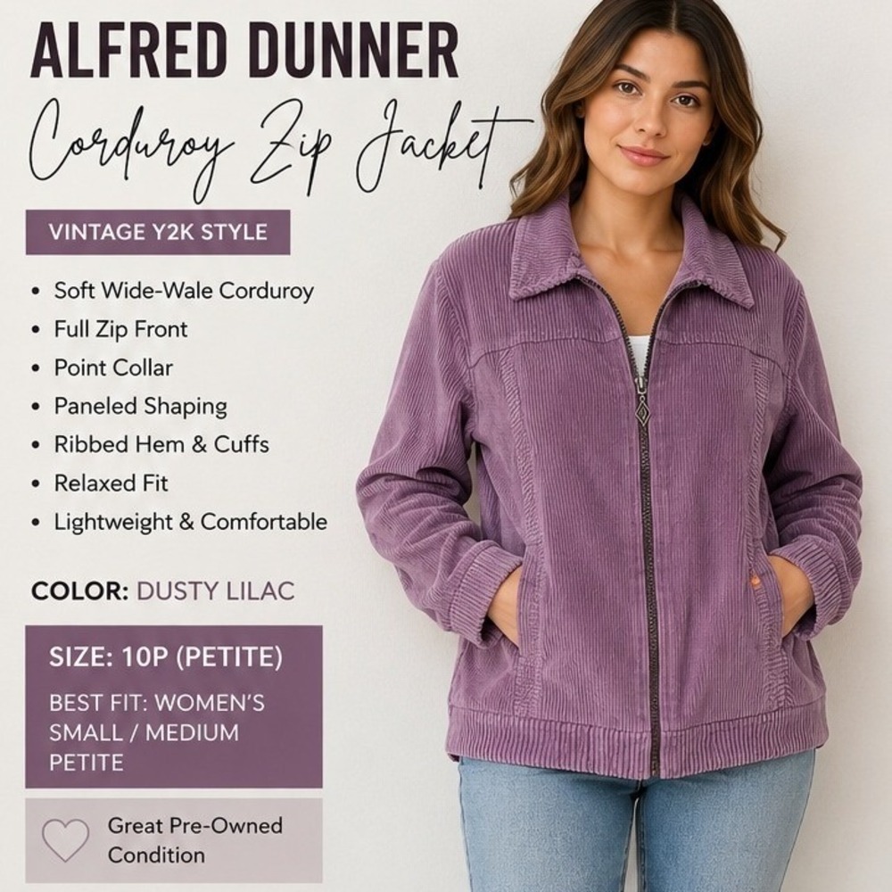 Alfred Dunner Corduroy Jacket Women 10P Vintage Aesthetic Purple Zip Up Ribbed